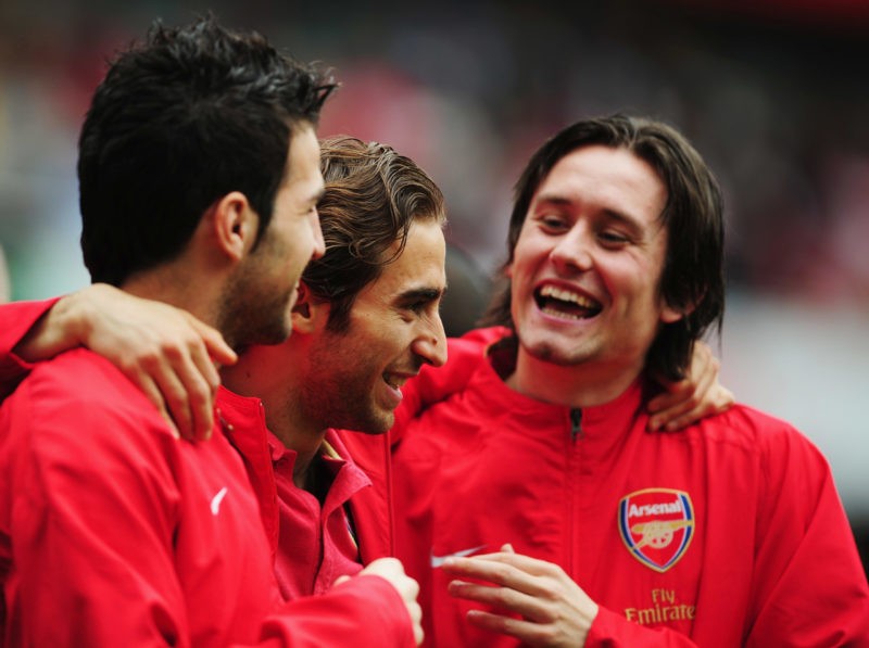 LONDON - MAY 04: (L-R) Cesc Fabregas, Mathieu Flamini and Tomas Rosicky of Arsenal share a joke following the Barclays Premier League match between...
