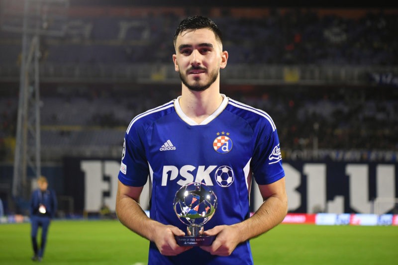 ZAGREB, CROATIA - OCTOBER 11: Josip Sutalo of Dinamo Zagreb poses for a photograph with the UEFA Player of the Match after the final whistle of the...