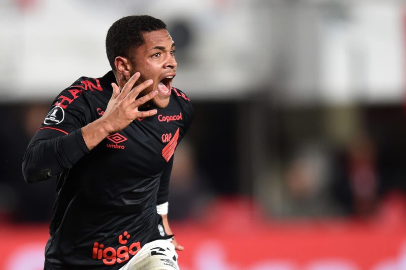 Arsenal transfers - LA PLATA, ARGENTINA - AUGUST 11: Vitor Roque of Athletico-PR celebrates after scoring the first goal of his team during a Copa ...
