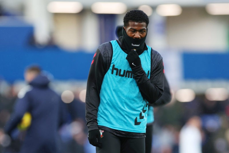 LIVERPOOL, ENGLAND - JANUARY 14: Ainsley Maitland-Niles of Southampton warms up prior to the Premier League match between Everton FC and Southampto...