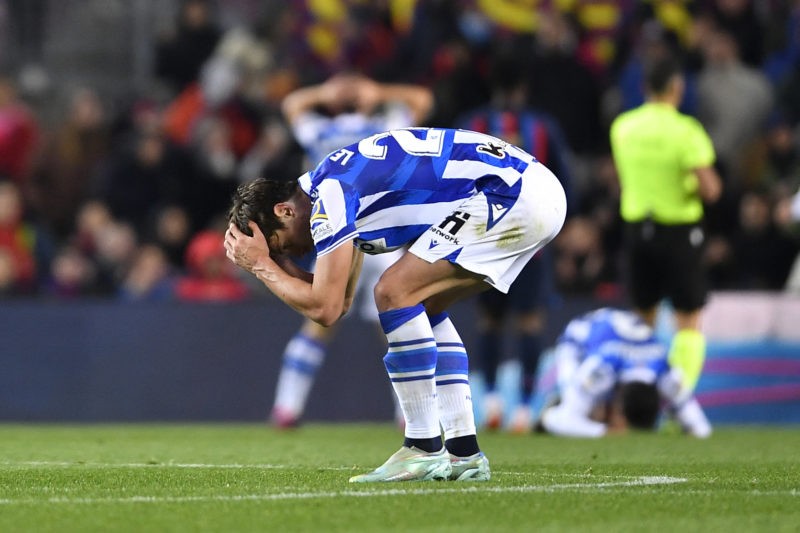 Real Sociedad's French defender Robin Le Normand reacts during the Copa del Rey (King's Cup), quarter final football match between FC Barcelona and...