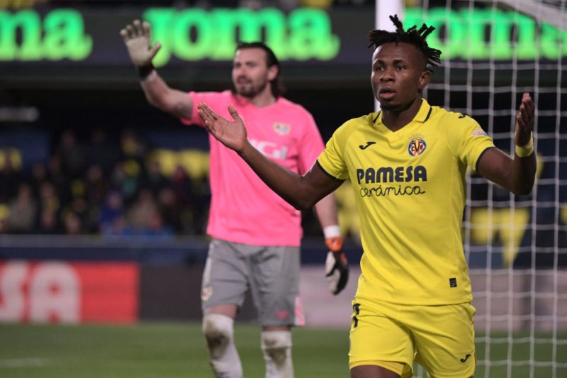 Villarreal's Nigerian midfielder Samuel Chukwueze gestures during the Spanish league football match between Villarreal CF and Rayo Vallecano de Mad...