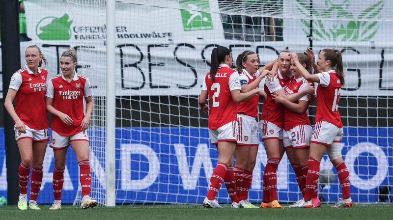 Arsenal's Swedish forward Stina Blackstenius (3rdR) celebrates scoring the 2-2 goal with her teammates during the UEFA Women's Champions League semi-final first-leg match between VFL Wolfsburg and Arsenal in Wolfsburg, northern Germany, on April 23, 2023. (Photo by Ronny Hartmann / AFP) (Photo by RONNY HARTMANN/AFP via Getty Images)