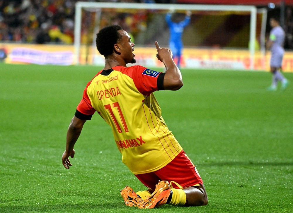Lens' Belgian forward Lois Openda celebrates scoring his team's second goal during the French L1 football match between RC Lens and AS Monaco at Stade Bollaert-Delelis in Lens, northern France on April 22, 2023. (Photo by FRANCOIS LO PRESTI/AFP via Getty Images)