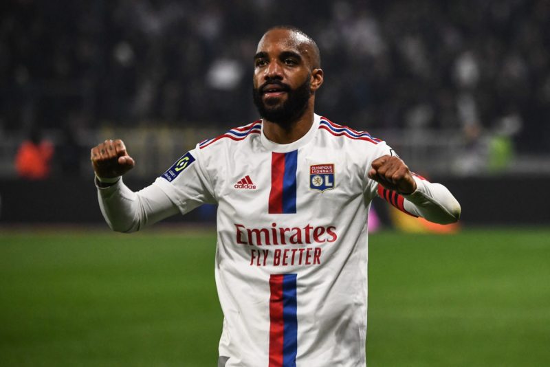 Lyon's French forward Alexandre Lacazette celebrates scoring his team's first goal during the French L1 football match between Olympique Lyonnais (...