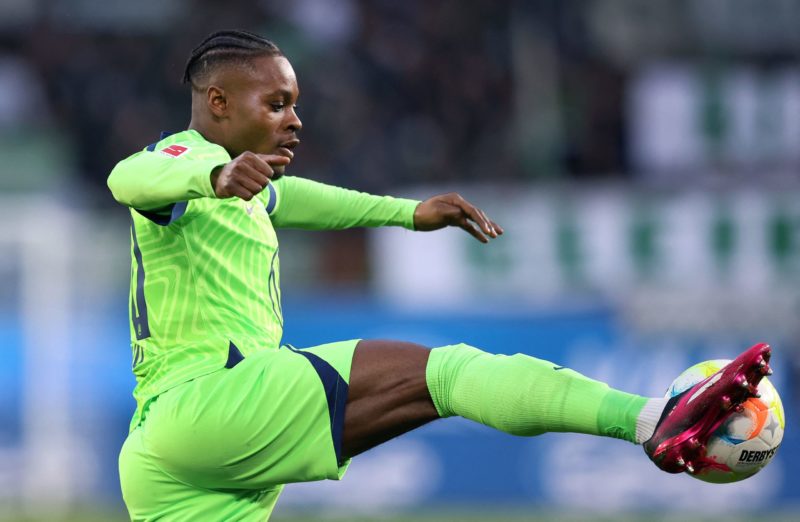 Wolfsburg's German midfielder Ridle Baku plays the ball during the German first division Bundesliga football match VfL Wolfsburg v Eintracht Frankfurt in Wolfsburg, northern Germany, on March 5, 2023. (Photo by Ronny Hartmann / AFP) / DFL REGULATIONS PROHIBIT ANY USE OF PHOTOGRAPHS AS IMAGE SEQUENCES AND/OR QUASI-VIDEO (Photo by RONNY HARTMANN/AFP via Getty Images)