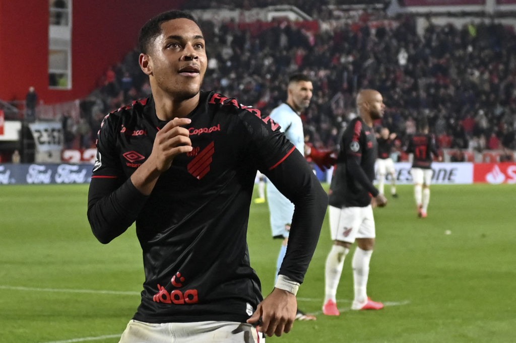Brazil's Athletico Paranaense Vitor Roque celebrates after scoring a goal against Argentina's Estudiantes de La Plata during their Copa Libertadores football tournament quarterfinals second leg match, at the Jorge Luis Hirschi stadium in La Plata, Buenos Aires Province, Argentina, on August 11, 2022. (Photo by Luis ROBAYO / AFP) (Photo by LUIS ROBAYO/AFP via Getty Images)