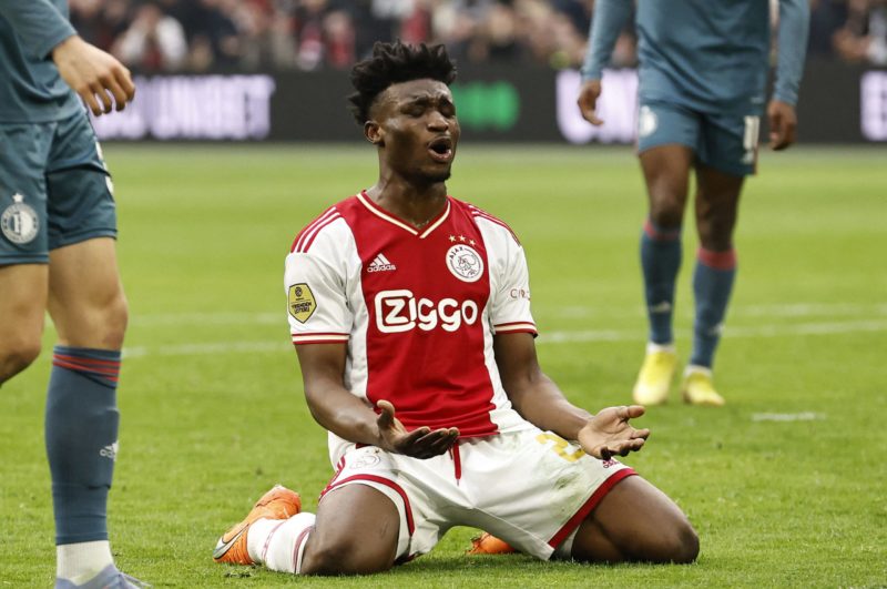 Ajax' Ghanaian midfielder Mohammed Kudus reacts during the Dutch Eredivisie premier league football match between Ajax Amsterdam and Feyenoord at t...