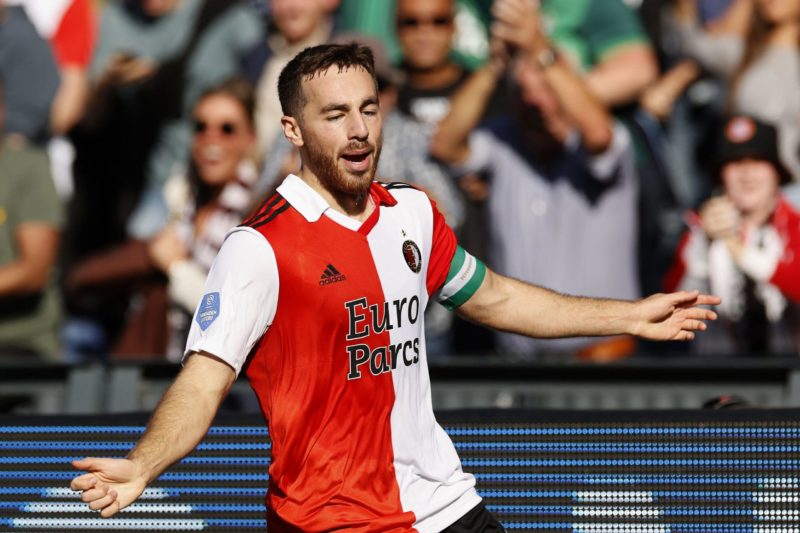 Feyenoord's Dutch midfielder Orkun Kokcu celebrates scoring his team's first goal during the Dutch Eredivisie match between Feyenoord and FC Twente at Feyenoord Stadium de Kuip in Rotterdam on October 9, 2022. - Netherlands OUT (Photo by Pieter Stam de Jonge / ANP / AFP) / Netherlands OUT (Photo by PIETER STAM DE JONGE/ANP/AFP via Getty Images)