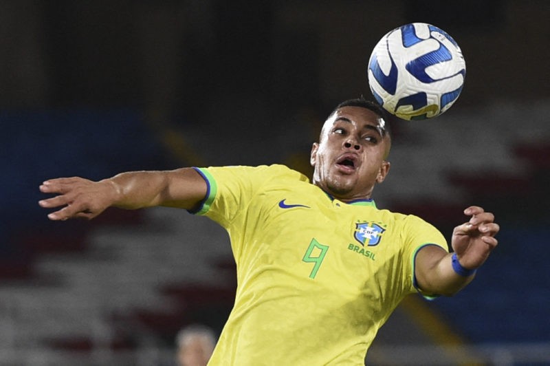 Brazil's Vitor Roque heads the ball during the South American U-20 championship first round football match against Brazil at the Pascual Guerrero Stadium in Cali, Colombia, on January 23, 2023. (Photo by JOAQUIN SARMIENTO / AFP) (Photo by JOAQUIN SARMIENTO/AFP via Getty Images)