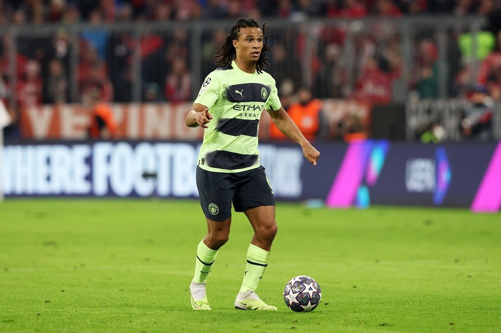 MUNICH, GERMANY: Nathan Ake of Manchester City runs with the ball during the UEFA Champions League quarterfinal second leg match between FC Bayern ...