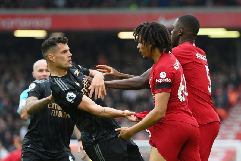 Bayern Munich make offer for Granit Xhaka 4 LIVERPOOL, ENGLAND - APRIL 09: Granit Xhaka of Arsenal is confronted by Trent Alexander-Arnold and Ibrahima Konate of Liverpool during the Premier League match between Liverpool FC and Arsenal FC at Anfield on April 09, 2023 in Liverpool, England. (Photo by Shaun Botterill/Getty Images)