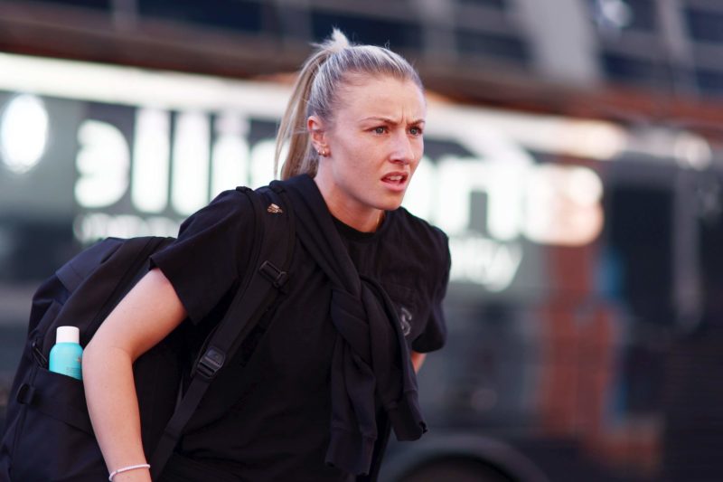 LEIGH, ENGLAND - APRIL 19: Leah Williamson of Arsenal arrives at the stadium prior to the FA Women's Super League match between Manchester United a...