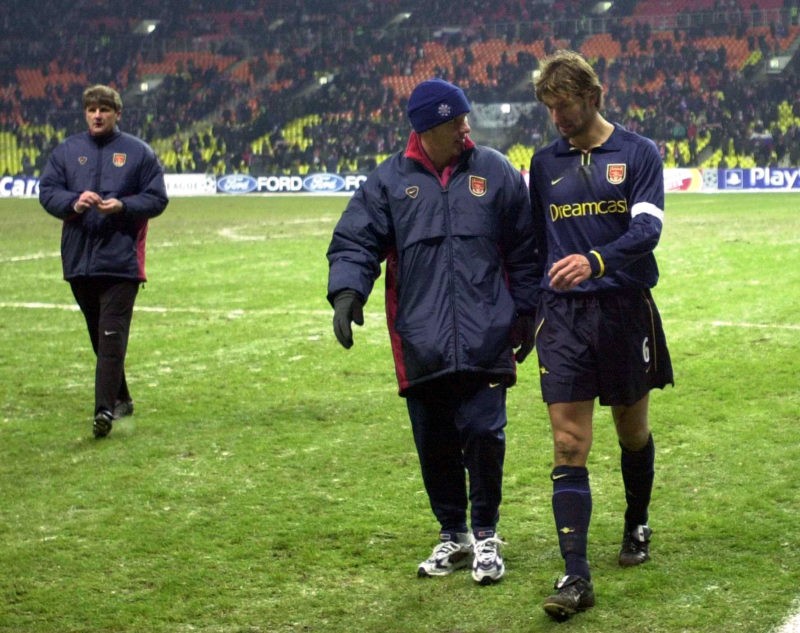 22 Nov 2000: Lee Dixon and Tony Adams of Arsenal leave the field after the Spartak Moscow v Arsenal Champions League match at the Luzhniki Stadium,...