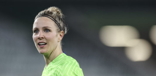 WOLFSBURG, GERMANY - MARCH 30: Svenja Huth of VfL Wolfsburg looks on during the UEFA Women's Champions League quarter-final 2nd leg match between VfL Wolfsburg and Paris Saint-Germain at Volkswagen Arena on March 30, 2023 in Wolfsburg, Germany. (Photo by Maja Hitij/Getty Images)
