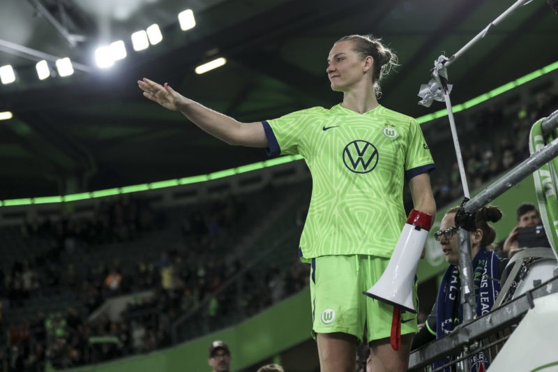 WOLFSBURG, GERMANY - MARCH 30: Alexandra Popp of VfL Wolfsburg celebrates with fans after the UEFA Women's Champions League quarter-final 2nd leg m...