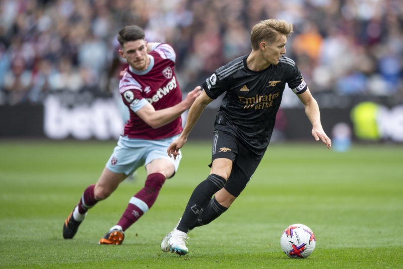 Declan Rice Arsenal transfer -LONDON, ENGLAND - APRIL 16: Martin Odegaard of Arsenal holds off Declan Rice of West Ham United during the Premier Le...