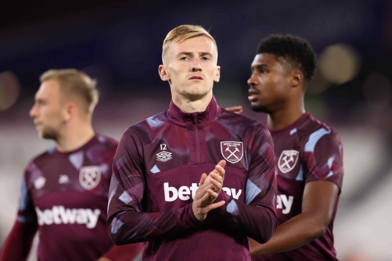 LONDON, ENGLAND - OCTOBER 13: Flynn Downes of West Ham United warms up prior to the UEFA Europa Conference League group B match between West Ham Un...