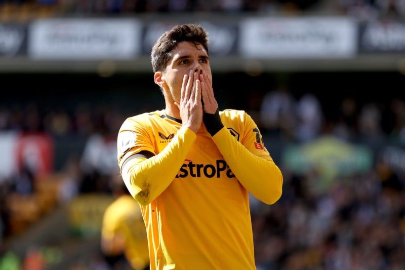 WOLVERHAMPTON, ENGLAND - SEPTEMBER 17: Pedro Neto of Wolverhampton Wanderers reacts after a missed chance during the Premier League match between W...
