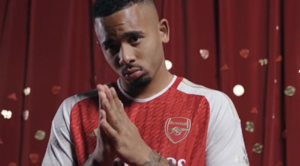 Gabriel Jesus in the new Arsenal 2023/24 home shirt (Photo via Adidas Brasil)