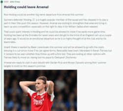 Rob Holding in talks to leave Arsenal on loan 3 John Cross in the Mirror on May 17th, 2023