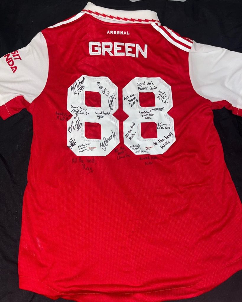 Arsenal youngster confirms departure on Instagram 2 Kaleel Green's Arsenal academy teammates sign his shirt for his departure (Photo via Green on Instagram)