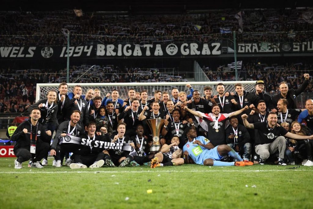 Arsenal goalkeeper joins Wrexham on loan 3 Arthur Okonkwo celebrating winning the OFB Cup with Sturm Graz (Photo via Okonkwo on Instagram)