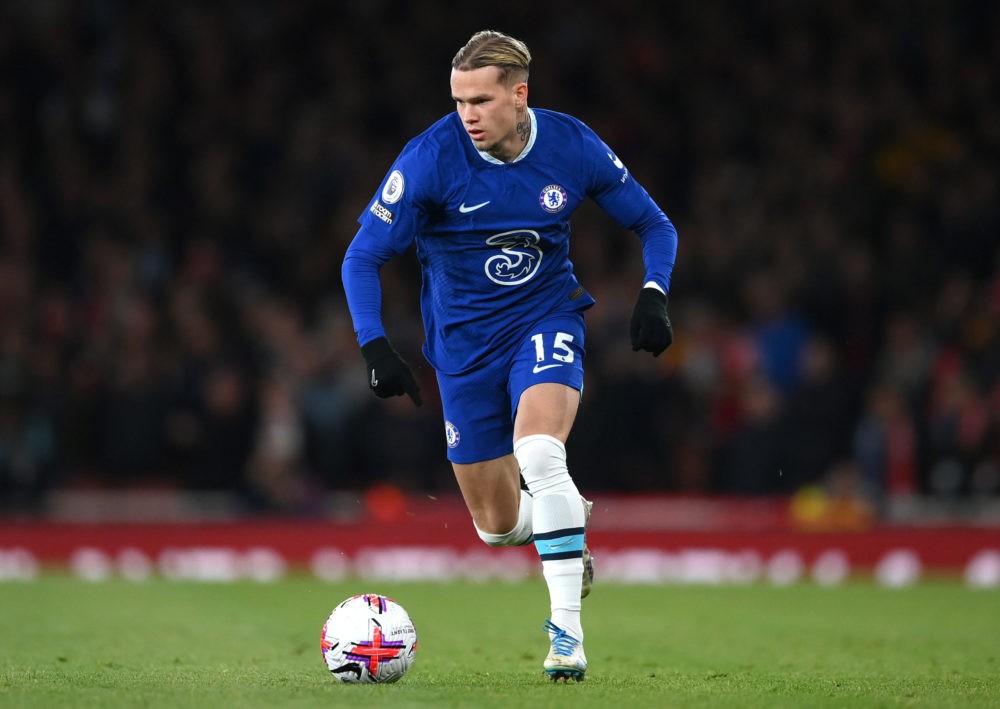 LONDON, ENGLAND: Mykhailo Mudryk of Chelsea runs with the ball during the Premier League match between Arsenal FC and Chelsea FC at Emirates Stadiu...