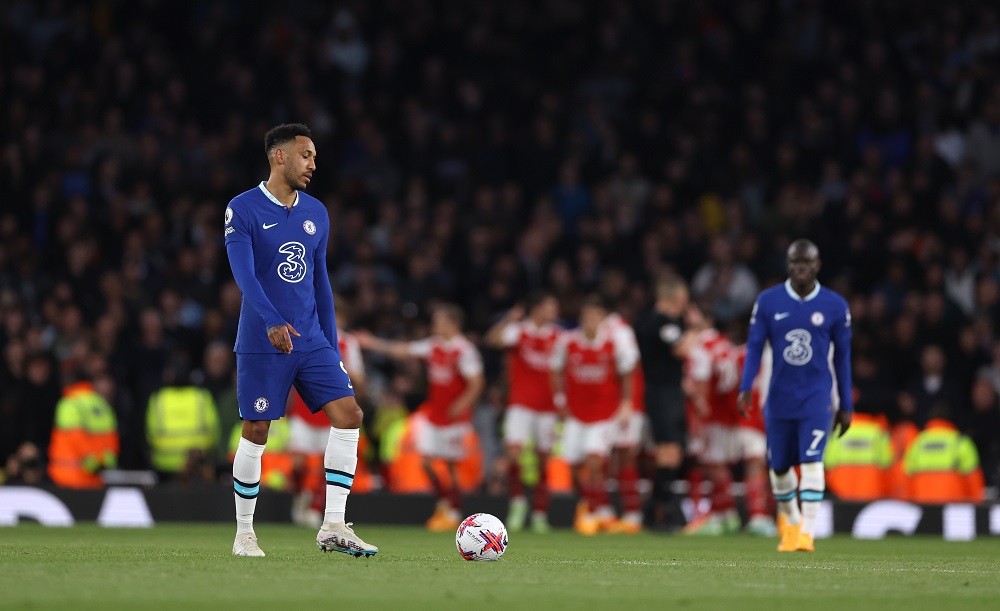 LONDON, ENGLAND: Pierre-Emerick Aubameyang of Chelsea reacts during the Premier League match between Arsenal FC and Chelsea FC at Emirates Stadium ...