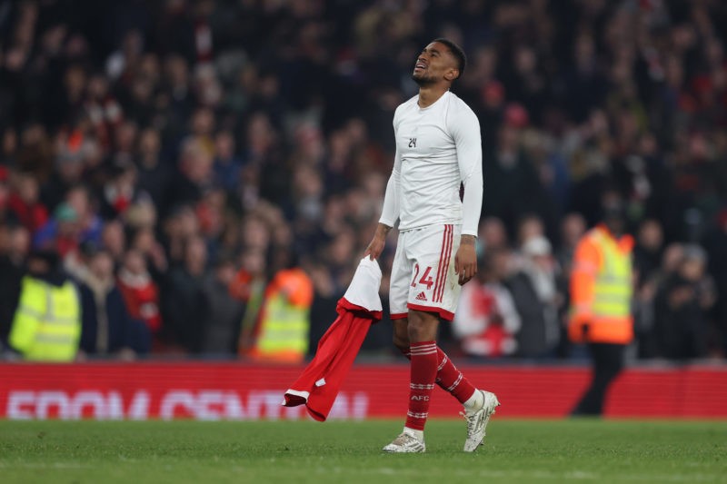 LONDON, ENGLAND - APRIL 21: Reiss Nelson of Arsenal looks dejected following their draw in the Premier League match between Arsenal FC and Southampton FC at Emirates Stadium on April 21, 2023 in London, England. (Photo by Julian Finney/Getty Images)