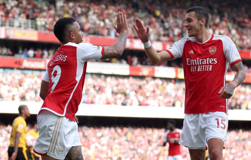 Gabriel Jesus reflects on an unforgettable first season with Arsenal 4 LONDON, ENGLAND - MAY 28: Gabriel Jesus of Arsenal celebrates with team mate Jakub Kiwior after scoring their sides fourth goal during the Premier League match between Arsenal FC and Wolverhampton Wanderers at Emirates Stadium on May 28, 2023 in London, England. (Photo by Catherine Ivill/Getty Images)