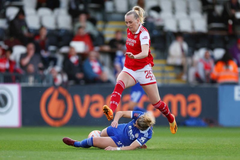 Arsenal boss Eidevall unfazed by Man City stumble in WSL title chase 2 BOREHAMWOOD, ENGLAND - MAY 05: Stina Blackstenius of Arsenal is challenged by Sophie Howard of Leicester City during the FA Women's Super League match between Arsenal and Leicester City at Meadow Park on May 05, 2023 in Borehamwood, England. (Photo by Catherine Ivill/Getty Images)