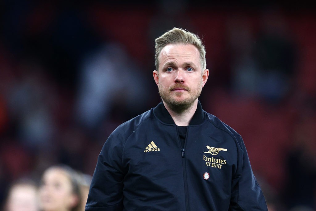 LONDON, ENGLAND - MAY 01: Jonas Eidevall, Head Coach of Arsenal, looks dejected following their side's defeat to VfL Wolfsburg during the UEFA Women's Champions League semi-final 2nd leg match between Arsenal and VfL Wolfsburg at Emirates Stadium on May 01, 2023 in London, England. (Photo by Clive Rose/Getty Images)