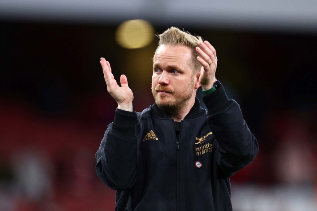 Arsenal confirm manager's new 3-year deal 2 LONDON, ENGLAND - MAY 01: Jonas Eidevall, Head Coach of Arsenal, applauds the fans following their side's defeat to VfL Wolfsburg during the UEFA Women's Champions League semi-final 2nd leg match between Arsenal and VfL Wolfsburg at Emirates Stadium on May 01, 2023 in London, England. (Photo by Clive Rose/Getty Images)