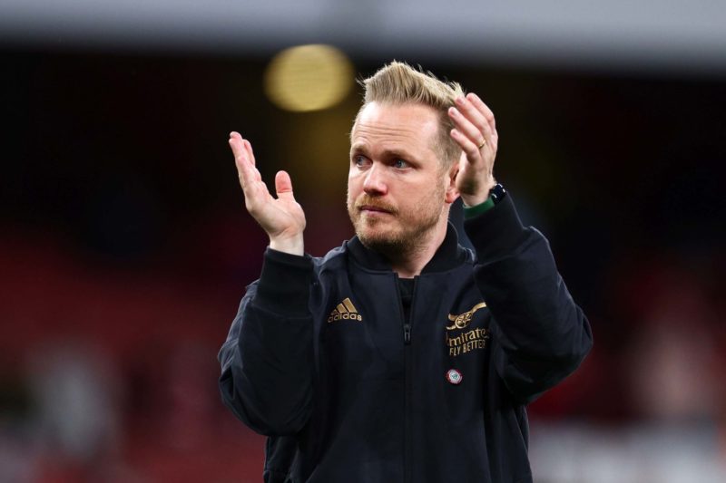 LONDON, ENGLAND - MAY 01: Jonas Eidevall, Head Coach of Arsenal, applauds the fans following their side's defeat to VfL Wolfsburg during the UEFA W...