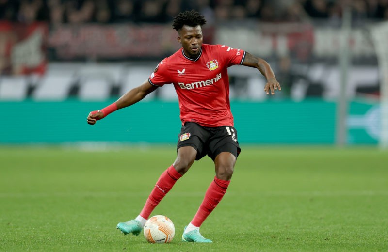 2 Leverkusen stars for Arsenal with Xhaka going the other way 2 LEVERKUSEN, GERMANY - APRIL 13: Edmond Tapsoba of Leverkusen runs with the ball during the UEFA Europa League quarterfinal first leg match between Bayer 04 Leverkusen and Royale Union Saint-Gilloise at BayArena on April 13, 2023 in Leverkusen, Germany. (Photo by Lars Baron/Getty Images)
