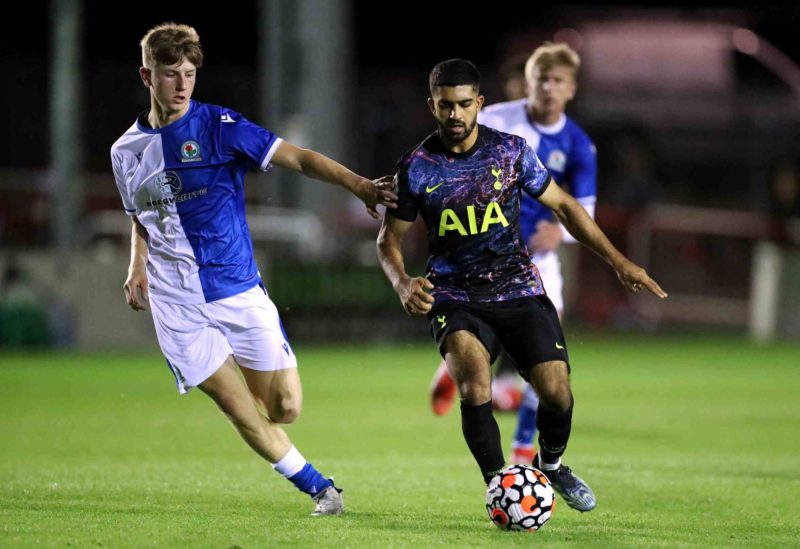 Arsenal join race for teenage sensation dubbed a 'taller Jack Wilshere' 2 LEYLAND, ENGLAND - SEPTEMBER 17: Dilan Markanday of Tottenham Hotspur battles for possession with Adam Wharton of Blackburn Rovers during the Premier League 2 match between Blackburn Rovers and Tottenham Hotspur at Leyland County Ground on September 17, 2021 in Leyland, England. (Photo by Lewis Storey/Getty Images)