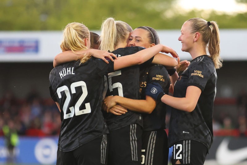 CRAWLEY, ENGLAND - MAY 10: Stina Blackstenius of Arsenal celebrates with teammates after scoring the team's first goal during the FA Women's Super ...