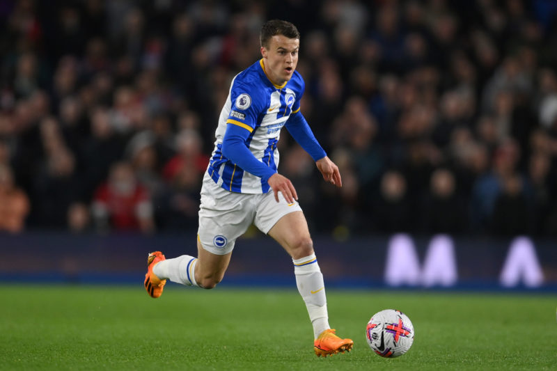 BRIGHTON, ENGLAND - MAY 04: Solly March of Brighton & Hove Albion in action during the Premier League match between Brighton & Hove Albion and Manchester United at American Express Community Stadium on May 04, 2023 in Brighton, England. (Photo by Mike Hewitt/Getty Images)