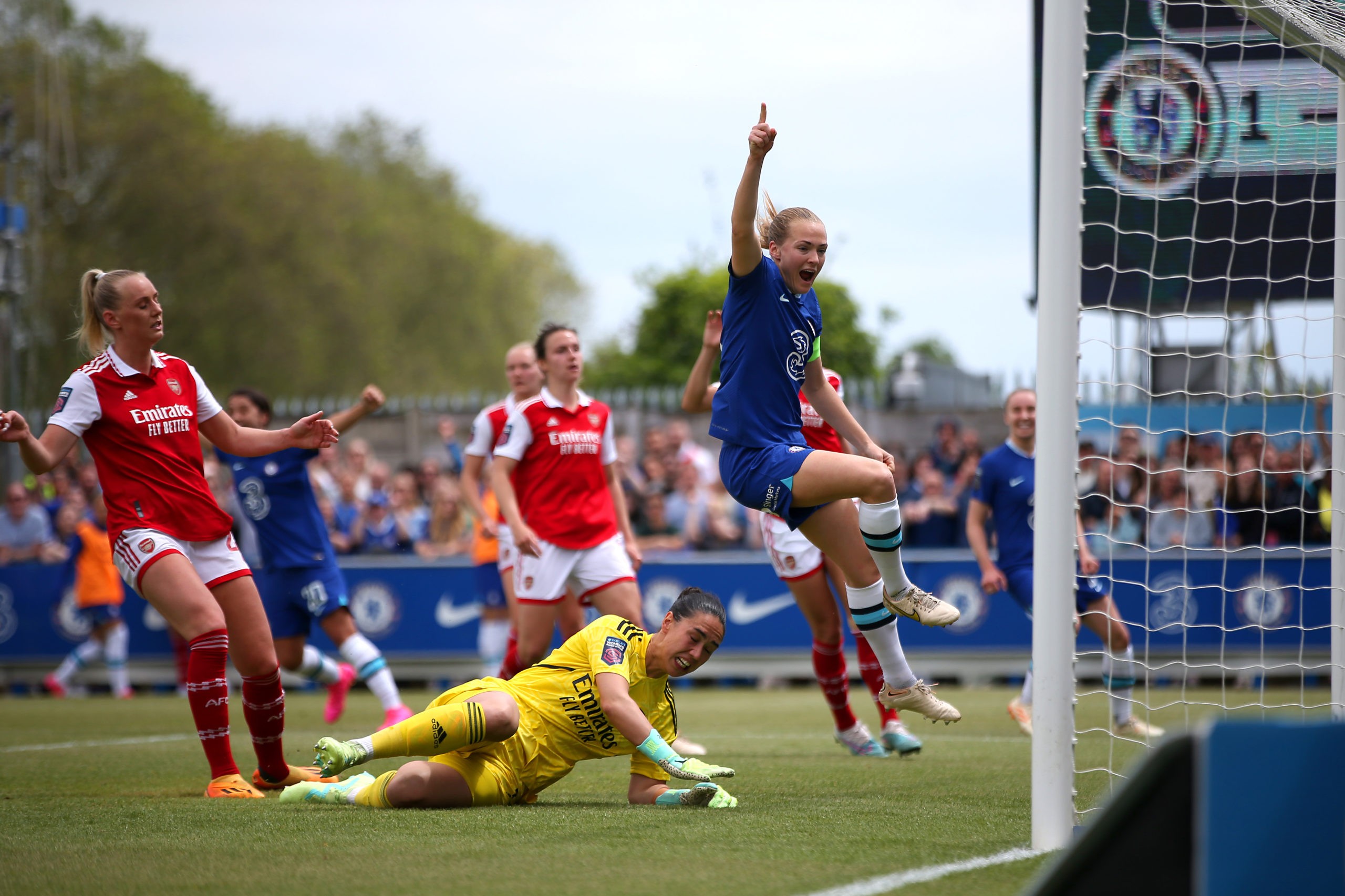 Arsenal Champions league place all but secured despite defeat at Chelsea 4 KINGSTON UPON THAMES, ENGLAND - MAY 21: Magdalena Eriksson of Chelsea celebrates after scoring the team's second goal during the FA Women's Super League match between Chelsea and Arsenal at Kingsmeadow on May 21, 2023 in Kingston upon Thames, England. (Photo by Steve Bardens/Getty Images)