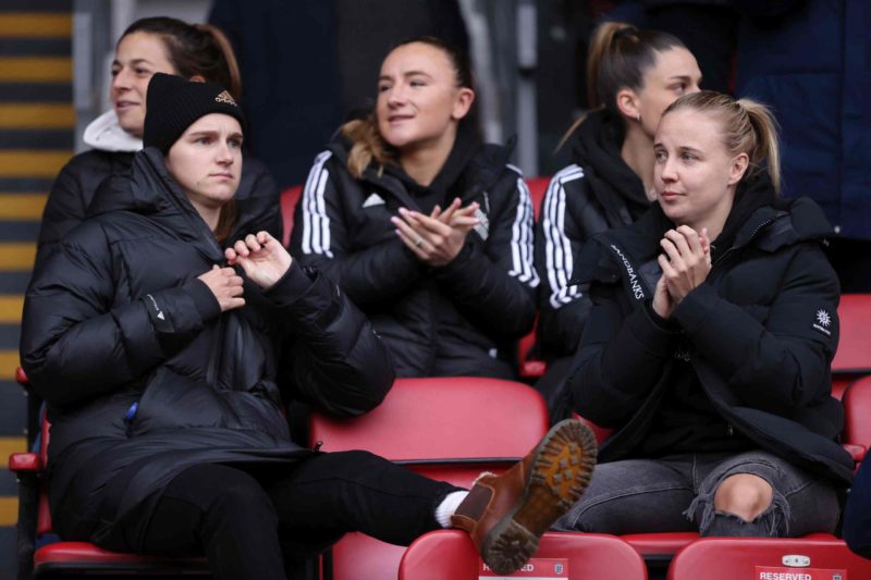 More research into menstrual cycles after repeated Arsenal ACLs needed 4 LONDON, ENGLAND - MARCH 05: Vivianne Miedema (L) and Beth Mead of Arsenal looks on prior to the FA Women's Continental Tyres League Cup Final match between Chelsea and Arsenal at Selhurst Park on March 05, 2023 in London, England. (Photo by Alex Pantling/Getty Images)