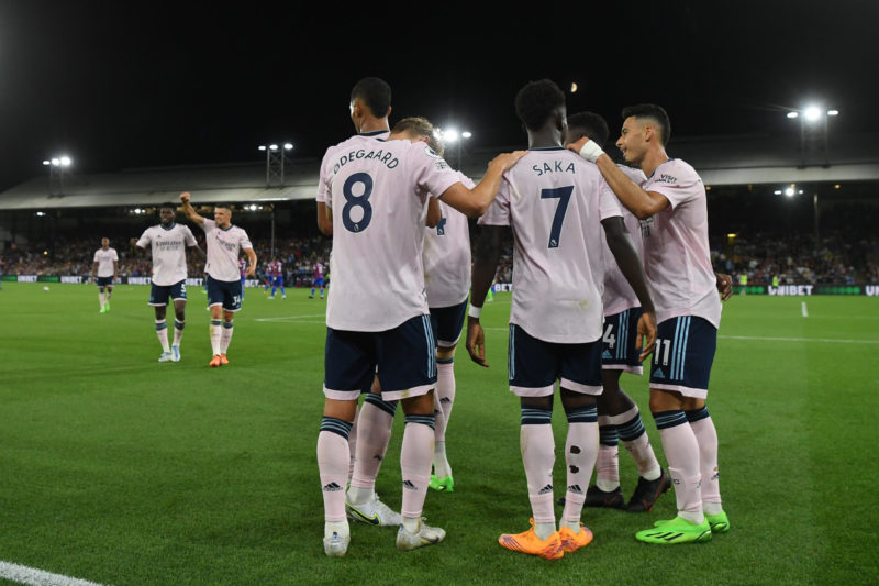 LONDON, ENGLAND - AUGUST 05: Bukayo Saka of Arsenal celebrates their side's second goal with teammates , after Marc Guehi of Crystal Palace concede...