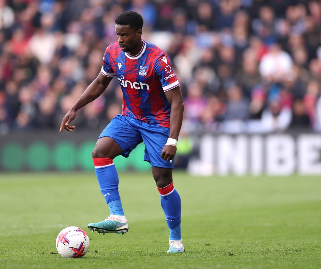 LONDON, ENGLAND - APRIL 22: Marc Guehi of Crystal Palace controls the ball during the Premier League match between Crystal Palace and Everton FC at Selhurst Park on April 22, 2023 in London, England. (Photo by Warren Little/Getty Images)