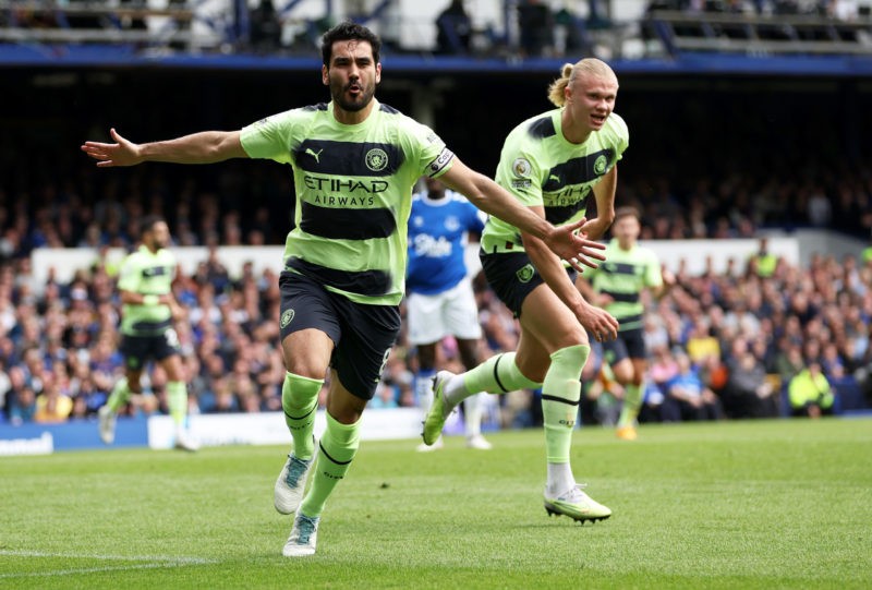 Arsenal transfers - LIVERPOOL, ENGLAND - MAY 14: Ilkay Guendogan of Manchester City celebrates with teammate Erling Haaland after scoring the team's first goal during the Premier League match between Everton FC and Manchester City at Goodison Park on May 14, 2023 in Liverpool, England. (Photo by Clive Brunskill/Getty Images)