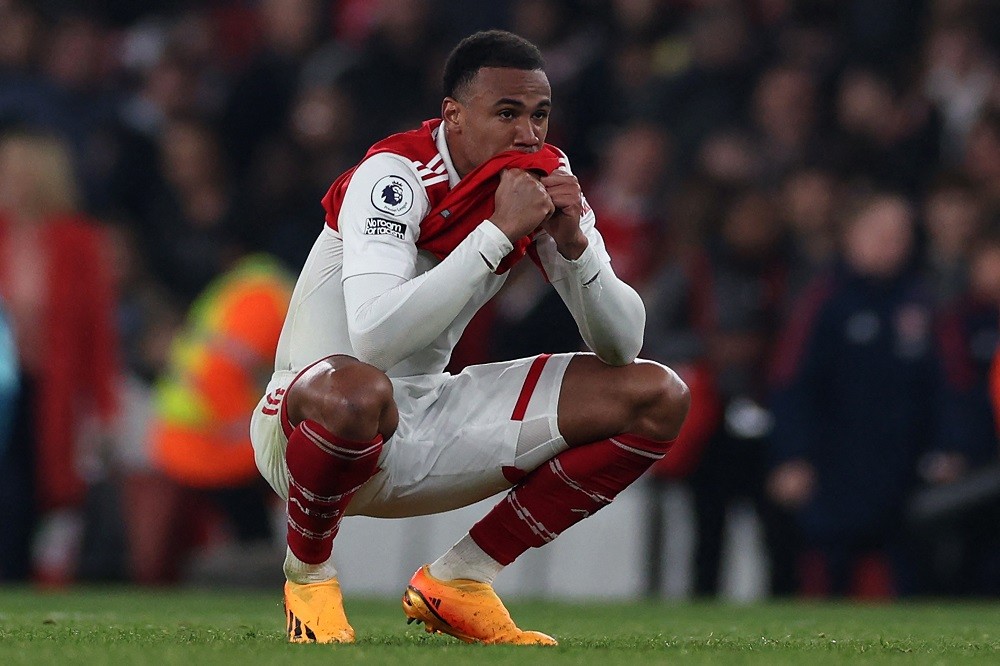 Arsenal's Brazilian defender Gabriel Magalhaes reacts on the pitch after the English Premier League football match between Arsenal and Southampton ...