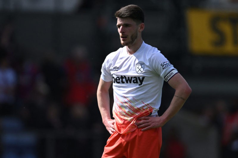 West Ham United's English midfielder Declan Rice reacts to their defeat on the pitch after the English Premier League football match between Crystal Palace and West Ham United at Selhurst Park in south London on April 29, 2023. - Crystal Palace won the game 4-3. (Photo by JUSTIN TALLIS/AFP via Getty Images)