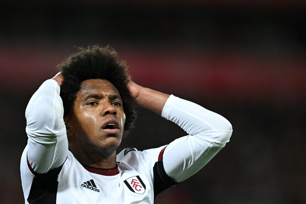 Fulham's Brazilian midfielder Willian reacts during the English Premier League football match between Liverpool and Fulham at Anfield in Liverpool, north west England on May 3, 2023. (Photo by PAUL ELLIS/AFP via Getty Images)