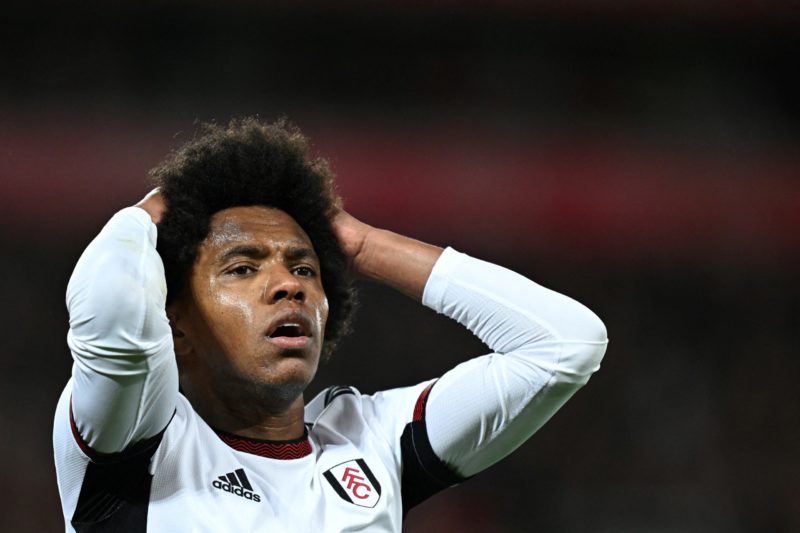 Fulham's Brazilian midfielder Willian reacts during the English Premier League football match between Liverpool and Fulham at Anfield in Liverpool,...