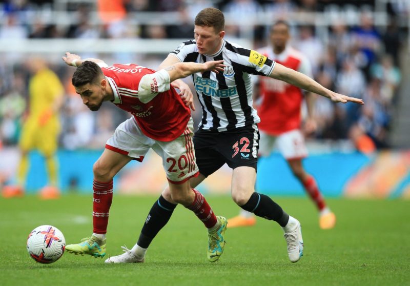 Arsenal put Stokesque Newcastle in their place 5 Arsenal's Italian midfielder Jorginho (L) fights for the ball with Newcastle United's English midfielder Elliot Anderson (R) during the English Premier League football match between Newcastle United and Arsenal at St James' Park in Newcastle-upon-Tyne, north east England on May 7, 2023. (Photo by LINDSEY PARNABY/AFP via Getty Images)