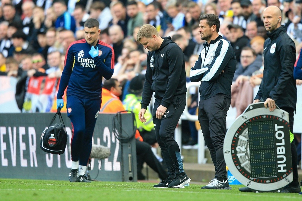 Newcastle United's English head coach Eddie Howe (2nd L) reacts during the English Premier League football match between Newcastle United and Arsenal at St James' Park in Newcastle-upon-Tyne, north east England on May 7, 2023. (Photo by LINDSEY PARNABY/AFP via Getty Images)